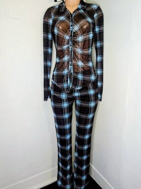 Fashion Nova Marissa Mesh Plaid Pant Set - Blue Combo